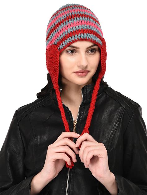 Buy Online Multi Colored Self Design Winter Cap From Mufflers And Gloves