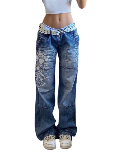 Wybzd Gothic Cargo Jeans For Women Graphic Wide Leg Denim Jeans Indie Aesthetics E Girl Baggy