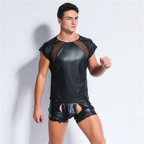 Gothic Faux Leather Shirts Men Sexy Side Mesh See Through Funny T