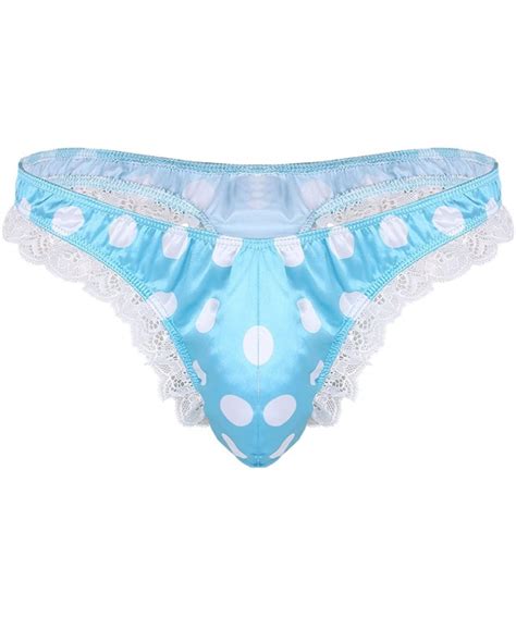 Mens Sissy Shiny Satin Low Rise Ruffle Lace Polka Dots Bikini G String Thong Crossdress