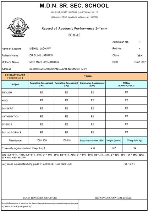 Cbse Class 11 Report Card