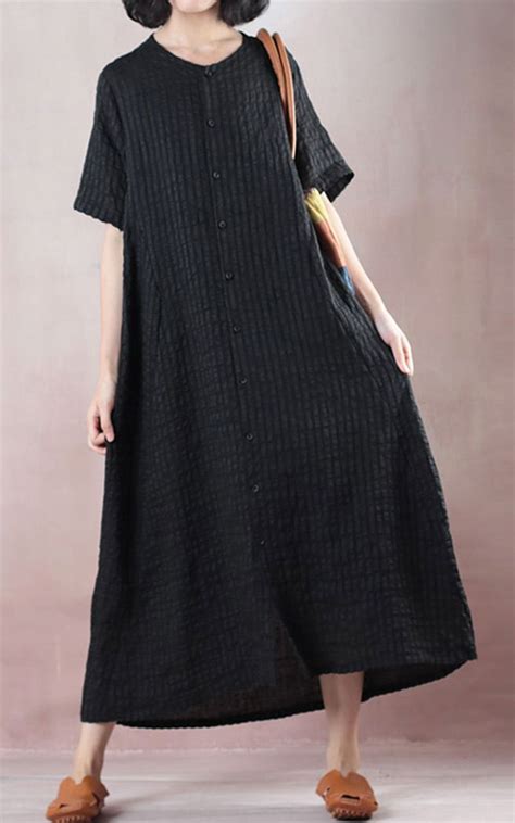 Linen Loose Short Sleeve Black Maxi Dress Short Maxi Dress Black