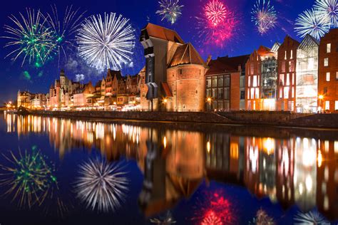 Poland Houses Fireworks River Gdansk Night Cities