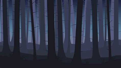 Landscape With Silhouettes Of Blue Trees In Dark Night Forest Vector