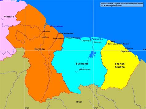 French Guiana, Guyana, and Suriname Political Map - A Learning Family