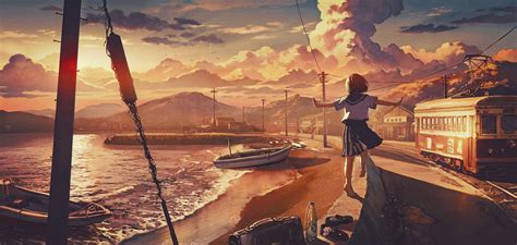 Schoolgirl Barefoot Anime Anime Girls Artwork Sunset Sunset Glow Landscape Beach Sea