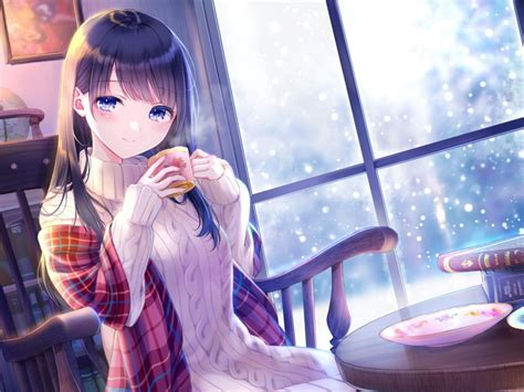 Wallpaper Snowfall Winter Sweater Anime Girl Drinking Resting