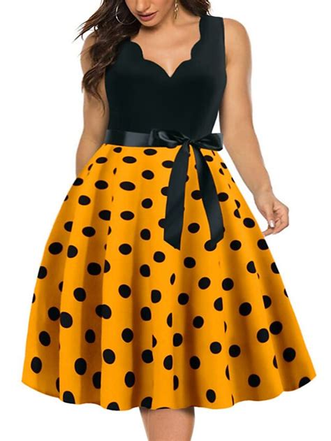 Women S Plus Size Party Dress Polka Dot V Neck Bow Sleeveless Spring Fall Vintage 1950s Elegant