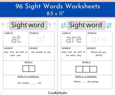 96 Printable Sight Words Worksheets For Kindergarten Etsy