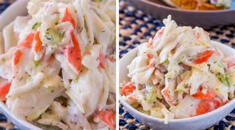 Easy crab salad recipe comes together really quickly with the imitation crab and can be prepared in advance to take for lunch to work or school. Crab Salad (Seafood Salad) - Dinner, then Dessert