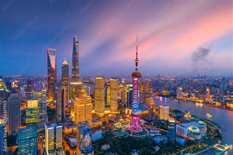 Aerial View Of Shanghai Skyline At Nightchina Stock Photo Adobe Stock