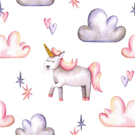 Seamless Pattern With Watercolor Unicorn Clouds Hearts Stars Hand