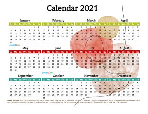 Downloadable Free Printable 2021 Calendar With Federal Holidays Yearmon