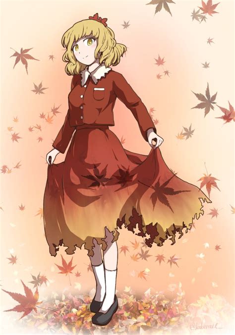 Kakera Comona Base Aki Shizuha Touhou 1girl Autumn Leaves Black Footwear Blonde Hair