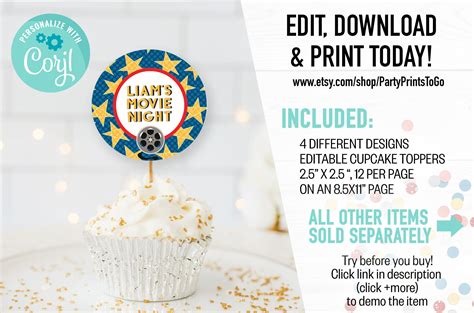 editable movie night cupcake toppers movie night cupcake etsy cupcake toppers printable