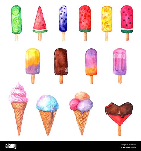 Watercolor Ice Cream Set Isolated On White Background Watercolour Hand Drawn Summer