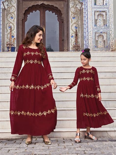 Heavy Embroidery Sequance Designer Suits For Mom And Daughter