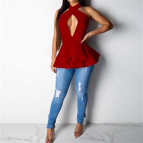 2019 Womens Sleeveless Summer Halter Blouse Casual Slim Hollow Out Ruffle Shirt Tops Solid