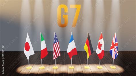 G7 Summit Or Meeting Concept Row From Flags Of Members Of G7 Group Of