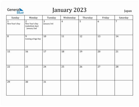 January 2023 Monthly Calendar With Japan Holidays