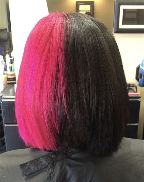 Two Tone Pink And Black Split Dye Hair Half Colored Hair Split Dyed Hair Two Color Hair