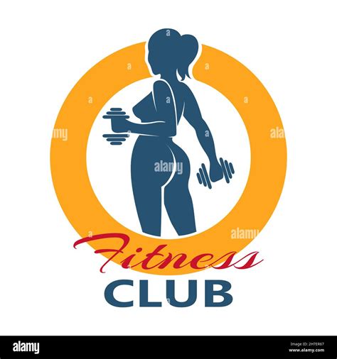 Fitness Club Logo Or Emblem With Woman Silhouette Woman Holds