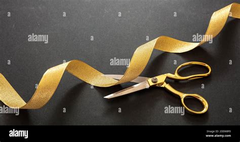 Grand Opening Gold Scissors Cutting Golden Silk Ribbon Black