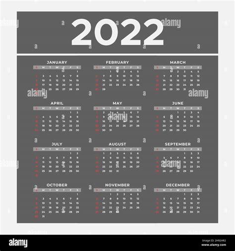 Simple Editable 2022 сalendar Designdark Color 2022 Calendar Vector