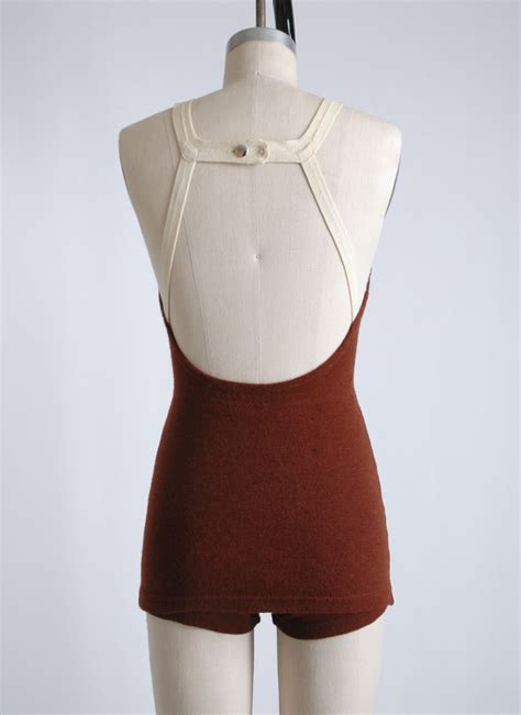 1930s Strappy Maroon Wool Skirted Bathing Suit Swimsuit With White Trim
