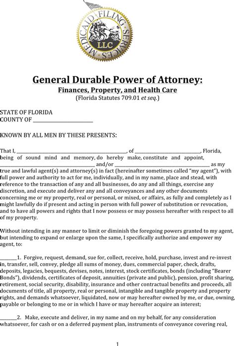 Printable General Power Of Attorney Form Florida