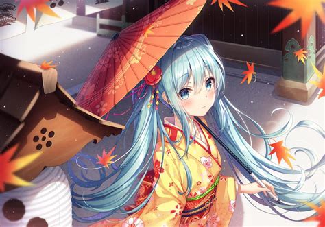 Wallpaper Vocaloid Hatsune Miku Autumn Aqua Hair Kimono Anime