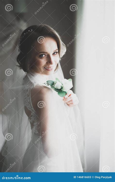 Gorgeous Bride In Robe Posing And Preparing For The Wedding Ceremony