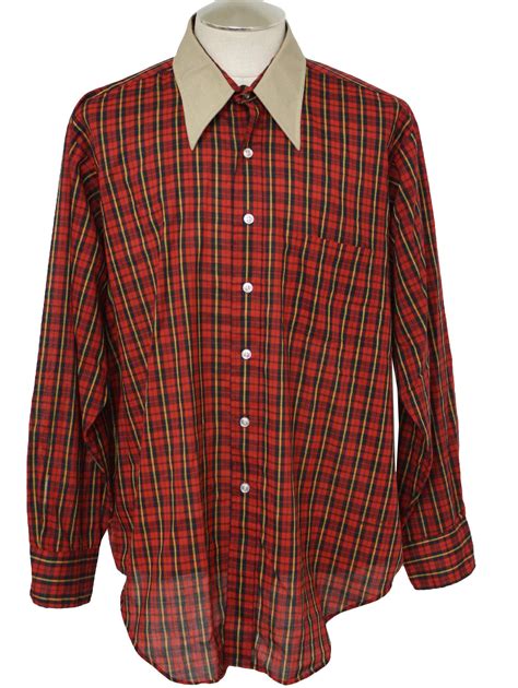 1970s Haband Shirt: 70s -Haband- Mens red, black, yellow and tan cotton