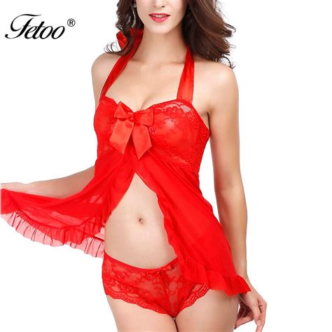 Fetoo Sexy Lingerie Set Lace Nightgown Sheer Split Halter Sleep Dress Panties Underwear