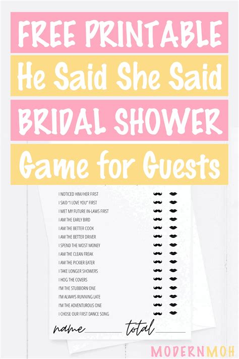 he said she said bridal shower game free printable modern moh