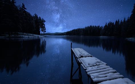 Dock On The Lake On Starry Winter Night Papel De Parede Hd Plano De