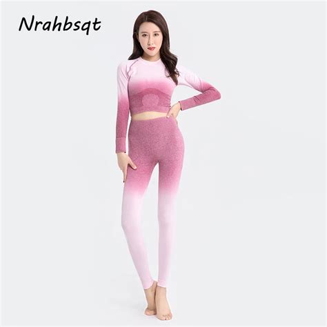Nrahbsqt Gym Clothing Pink Yoga Set Ombre Seamless Leggings Long Sleeve Cropped Shirts Women