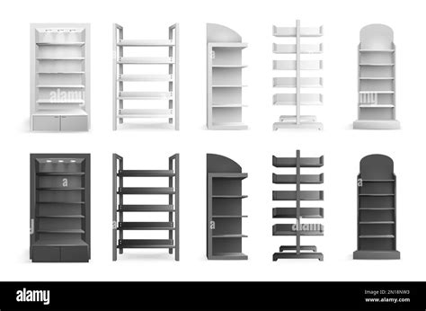Realistic Shelving Set Of White And Black Empty Shelves And Racks Of