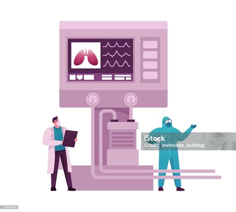 인공 산소 폐 환기 전자 모니터와 집중 치료 응급실에서 의사 문자 Covid19 및 코로나 바이러스 식별 전염병 만화 사람 벡터