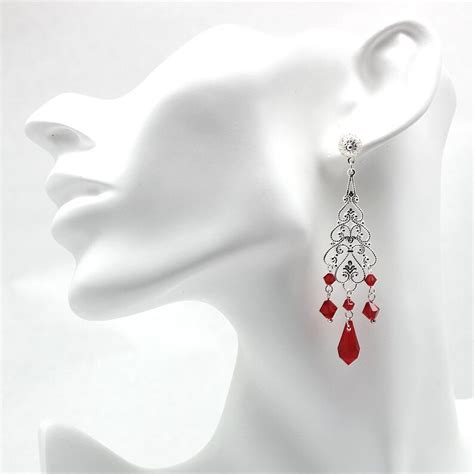 Red Chandelier Earrings Long Earringslight Siam Swarovski Etsy