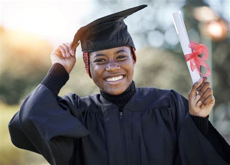 Graduate Certificate And Black Woman With Graduation Cap In Portrait