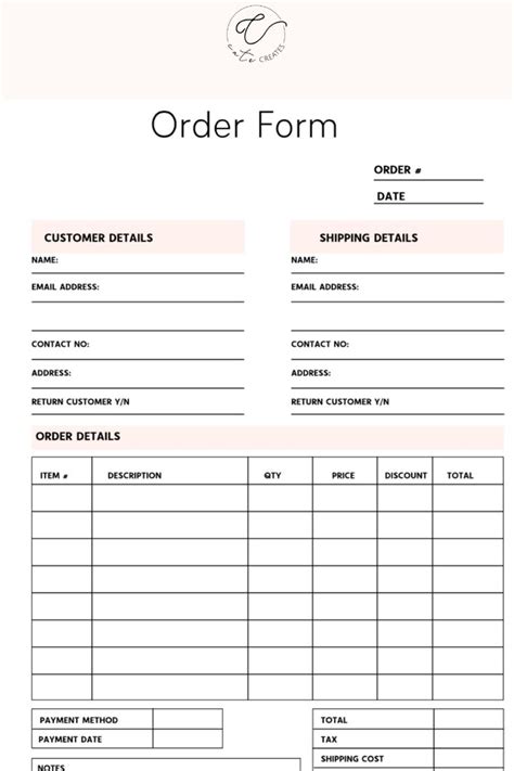 Order Form Small Business Form Business Order Form Etsy Business