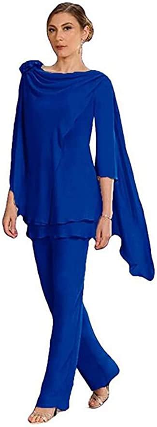 Amazon Women S Royal Blue Pieces Elegant Chiffon Outfit Pant Suits Mother Of The Bride