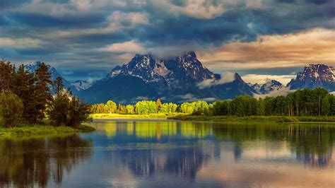 Usa Wyoming Grand Teton National Park Mountains Water Forest