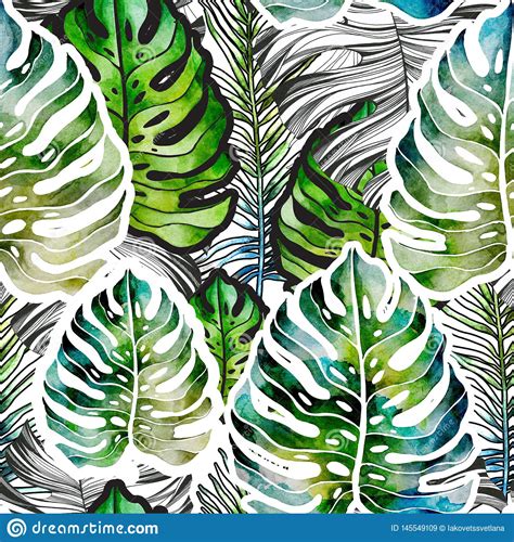 Seamless Watercolor Pattern Of Tropical Leaves. Stock Illustration - Illustration of watercolor ...