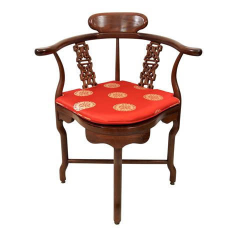 Vintage Chinese Rosewood Corner Side Chair With Red Silk Brocade