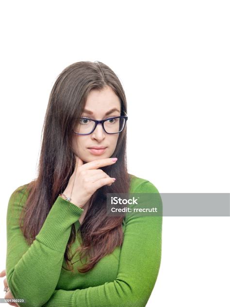Young Woman Portrait Long Hired Brunette Female Model In Glasses And Green Blouse Looking Aside