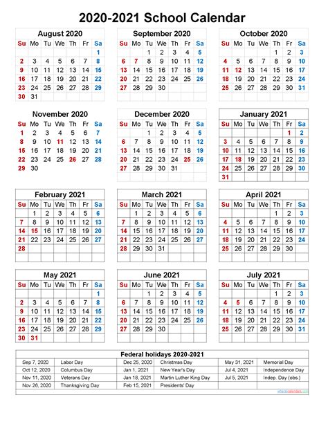 School Calendar 2020 And 2021 Printable Portrait Template No