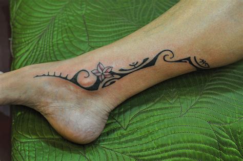 Female Tahitian Ankle Tattoo With Plumeria By Dave Rodriguez Ankle