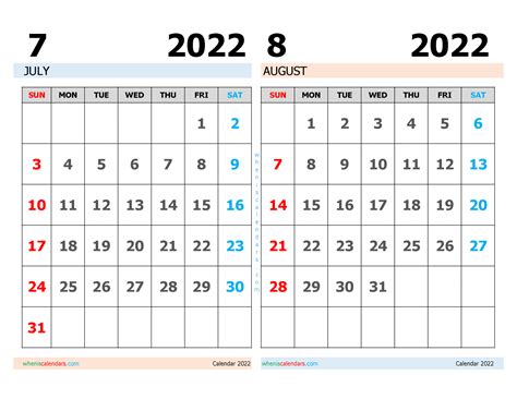 Printable Calendar July August 2022 Printable World Holiday